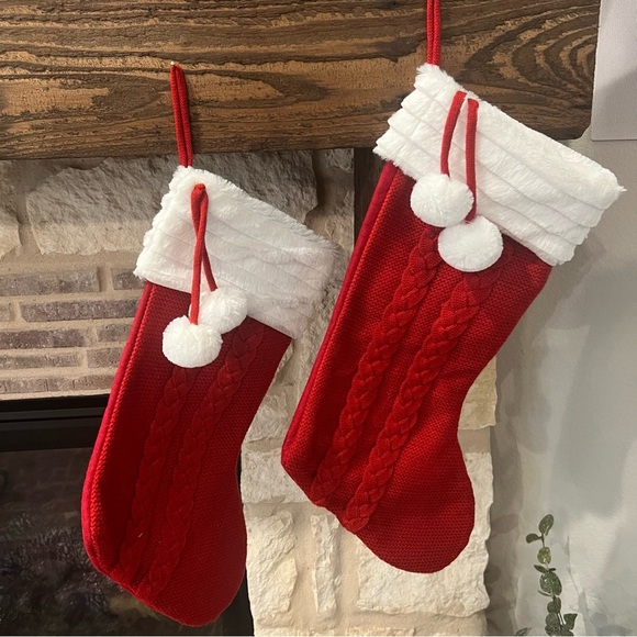 Adorable Set of 2 Red and White Holiday Stockings with Faux Fur - Picture 1 of 5
